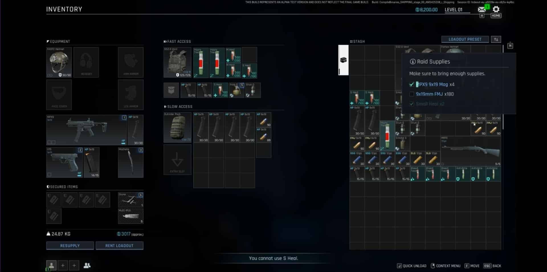 Tela de inventário do PUBG mostrando várias seções de equipamentos, munições e equipamentos