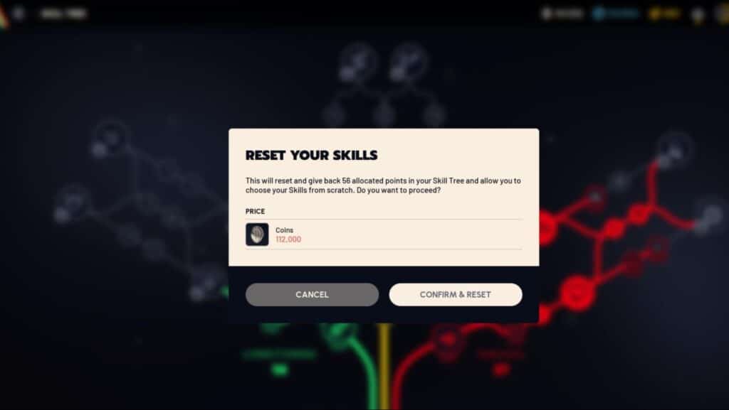 Arc Raiders-Bildschirm mit der Option „Fähigkeiten zurücksetzen“, die 112.000 Münzen kostet