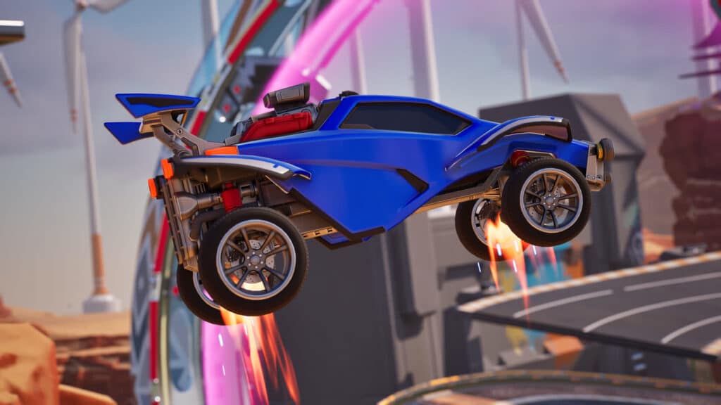 Ein Rocket-League-Auto, das während eines Spiels mit Boost abhebt