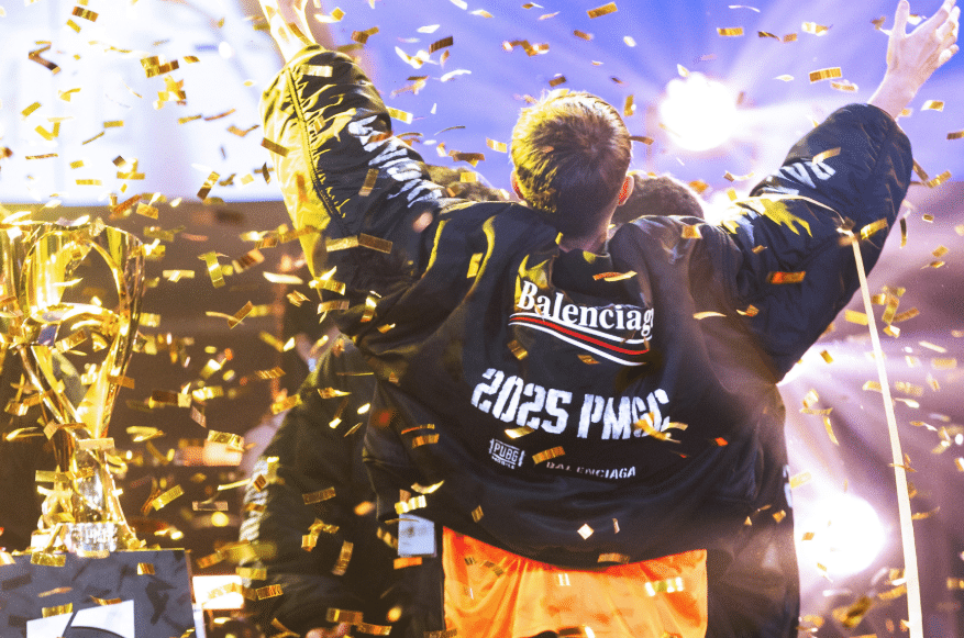 Alpha7 Esports player celebrating on stage during PUBG Mobile Global Championship Grand Final