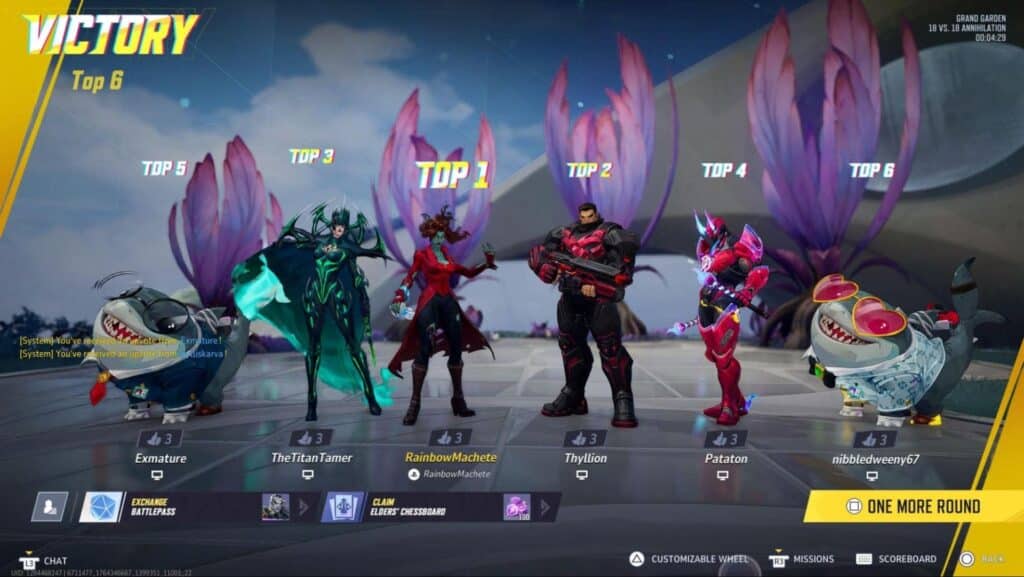 Los héroes se encuentran en una pantalla de victoria posterior al partido en el modo Marvel Rivals Annihilation