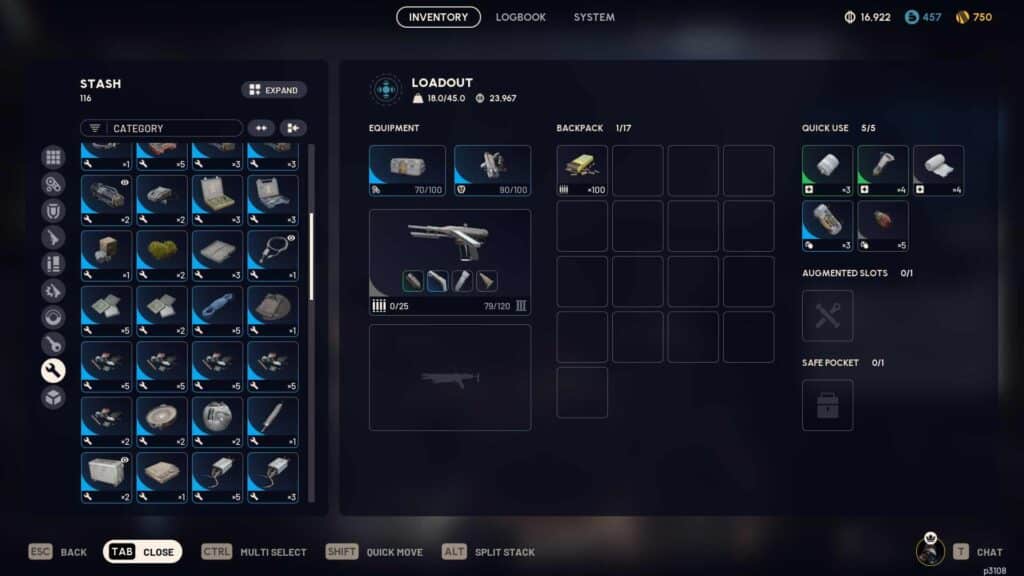 Der Inventar- und Vorratsverwaltungsbildschirm von Arc Raiders zeigt Waffen, Handwerksmaterialien, Rucksackplätze und die Benutzeroberfläche für Ausrüstung