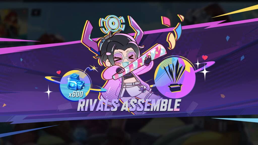 Ein feierlicher Bildschirm von Marvel Rivals, der 600 Einheiten und ein während des Assemble-Events verdientes Emote zeigt