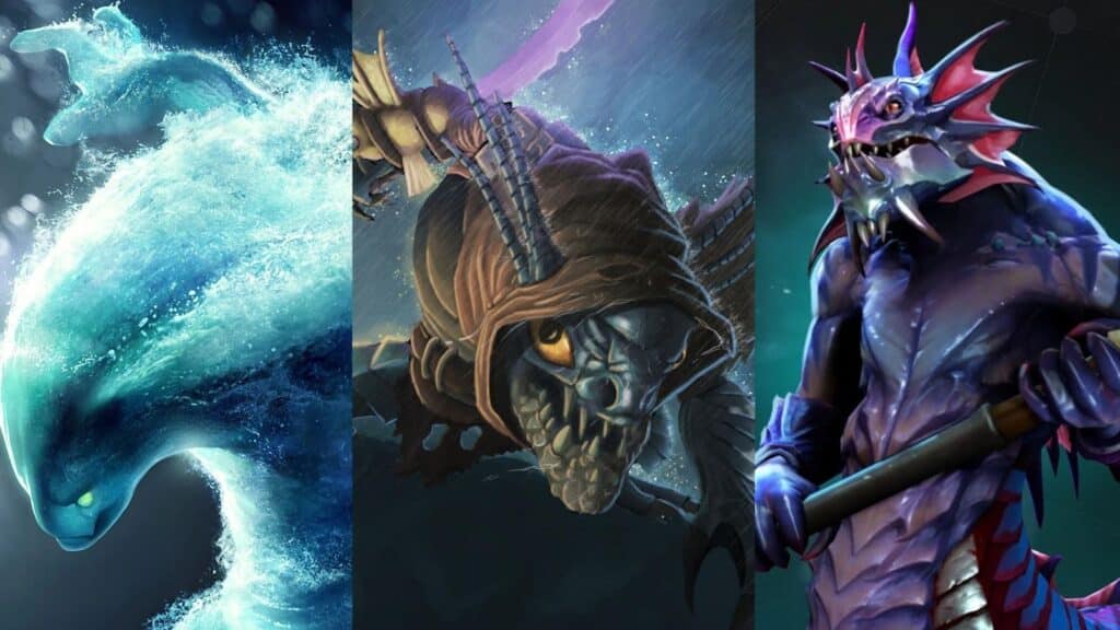 A imagem mostra três personagens do popular jogo de computador Dota 2, todos representando ou associados ao elemento água