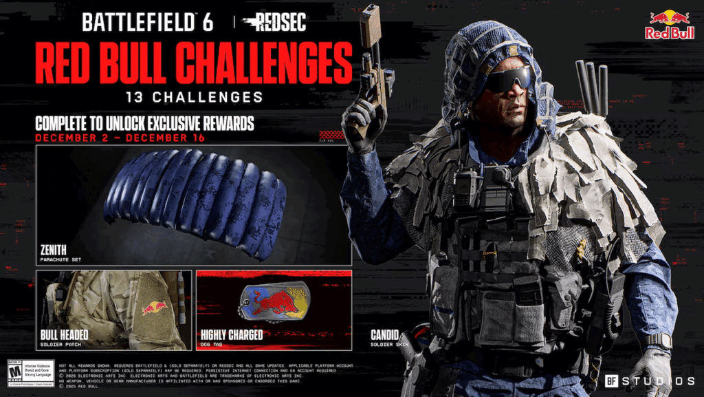 Battlefield 6 RedSec Red Bull challenges and rewards graphic