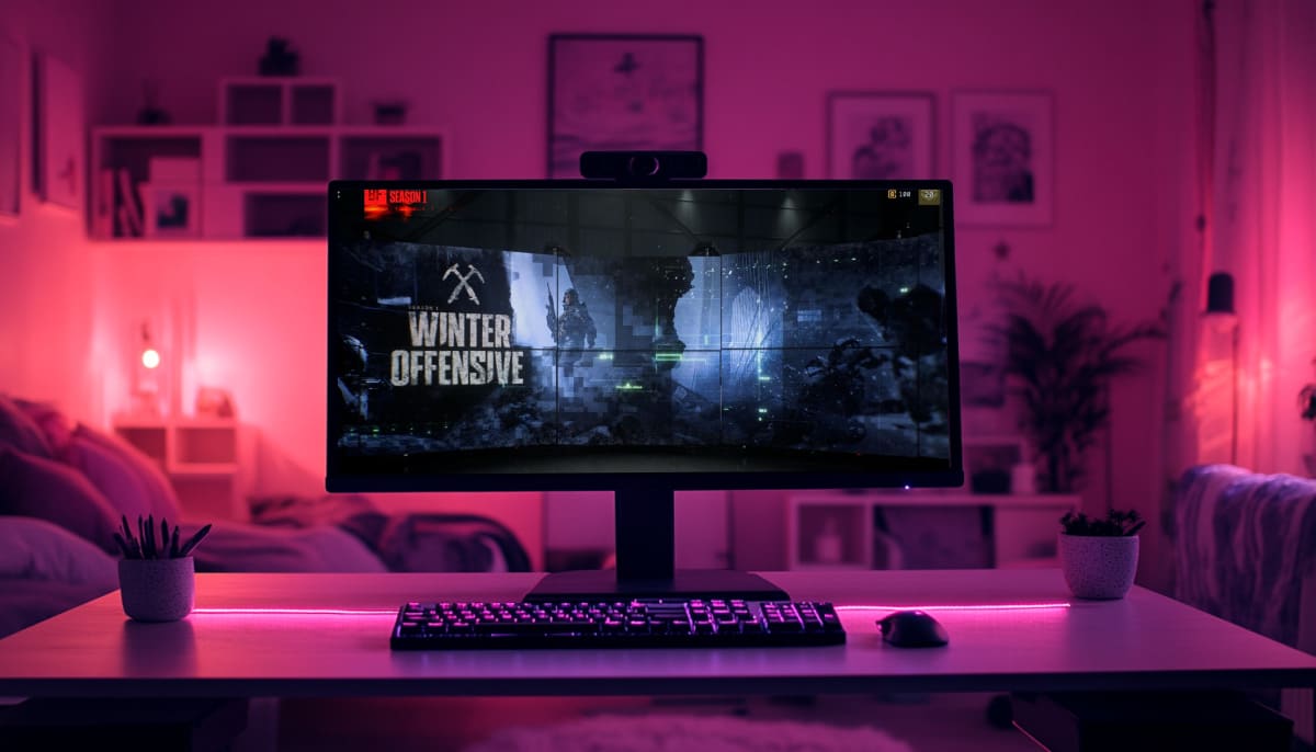 A sleek gaming setup in a dimly lit room features a large monitor displaying Winter Offensive limited-time event