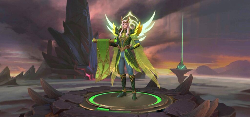 Der im Bild gezeigte Charakter ist Estes, ein unterstützender Heiler aus dem beliebten MOBA-Handyspiel Mobile Legends: Bang Bang