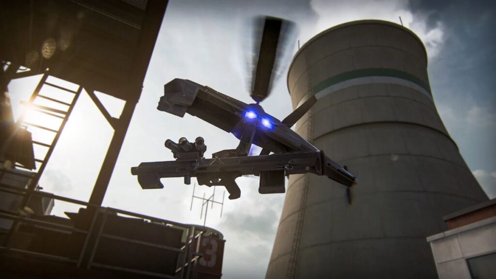 A futuristic drone with blue lights hovers near an industrial cooling tower under a cloudy sky in Black Ops 7