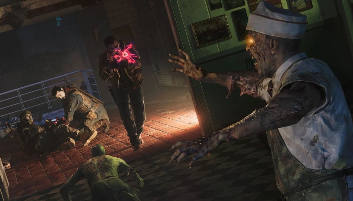 A tense Black Ops 7 scene of a zombie attack in a dimly lit corridor