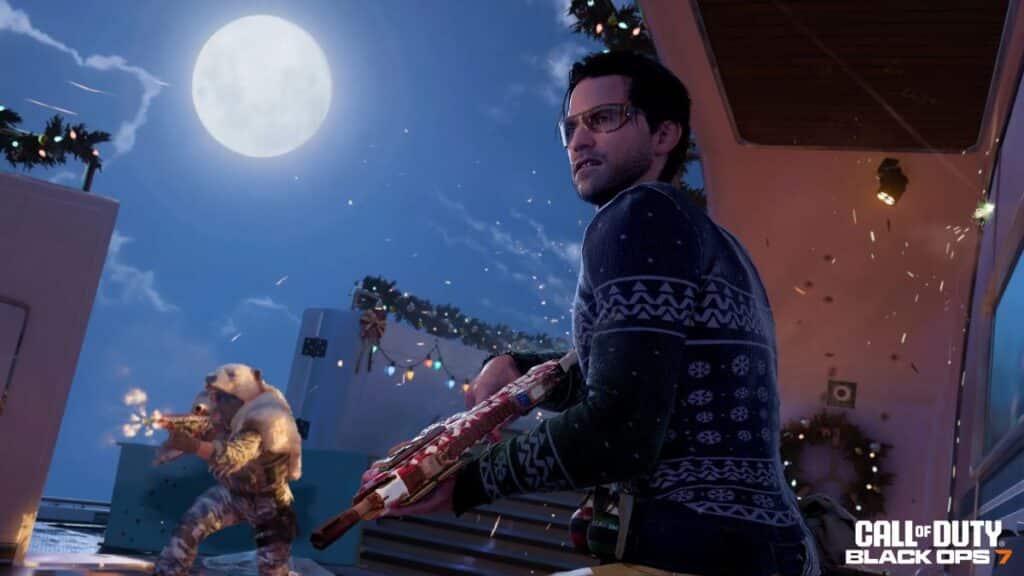 A man in a sweater holds a weapon on a decorated rooftop, while a werewolf-like creature fires a gun in Black Ops 7