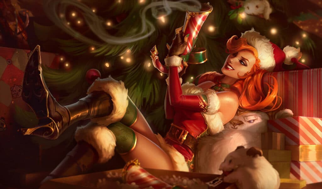 Das Bild ist ein offizielles Kunstwerk der Figur Miss Fortune, wie sie im Spiel League of Legends erscheint