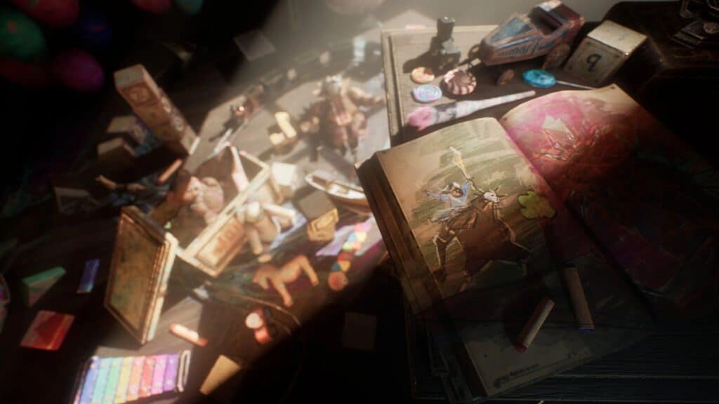 The image is taken from Clair Obscur: Expedition 33, a role-playing game with turn-based combat and real-time elements developed by Sandfall Interactive. This scene is likely a sketch from a notebook or a childhood memory of one of the characters, Verso, and is part of the free “Thank You Update” called “Verso's Drafts.”