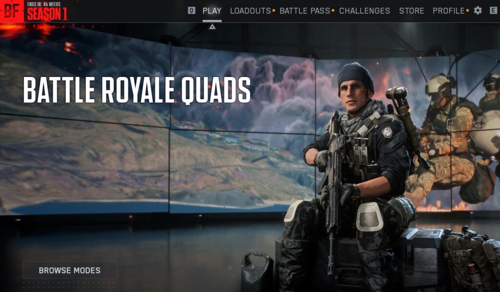 A soldier from BF 6 in tactical gear holds a rifle, set against a backdrop displaying the text "Battle Royale Quads." A digital battlefield scene is visible behind