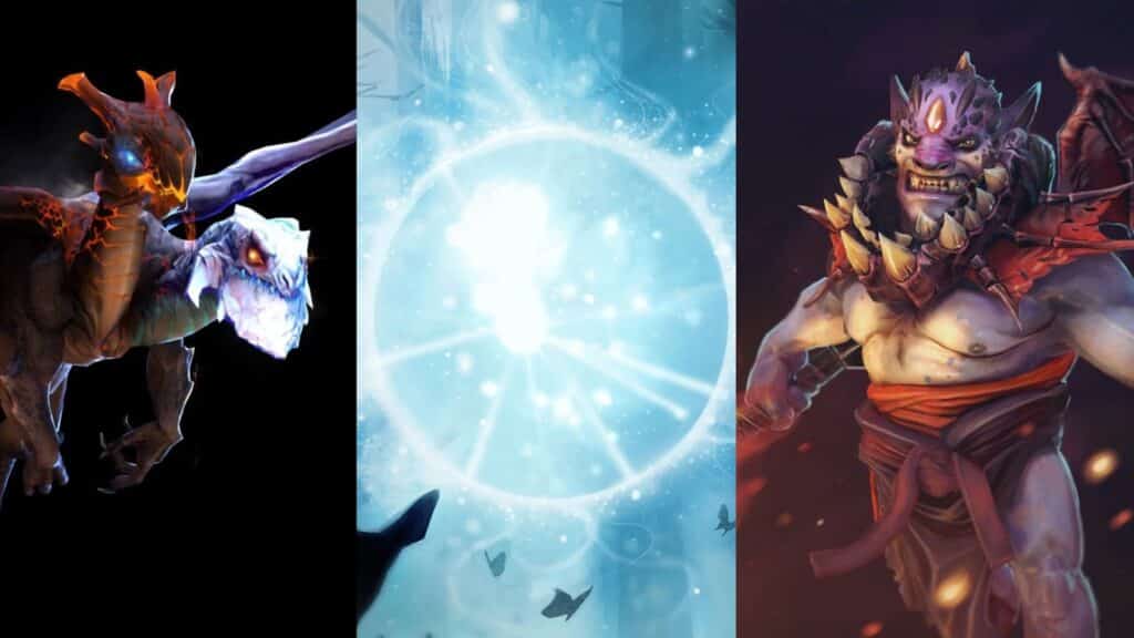 Os personagens apresentados na imagem são Jakiro, lo e Lion, heróis do jogo Dota 2