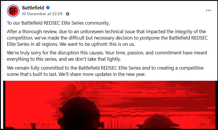 Facebook post from Battlefield addresses the postponement of the REDSEC Elite Series due to technical issues, apologizing and promising future updates