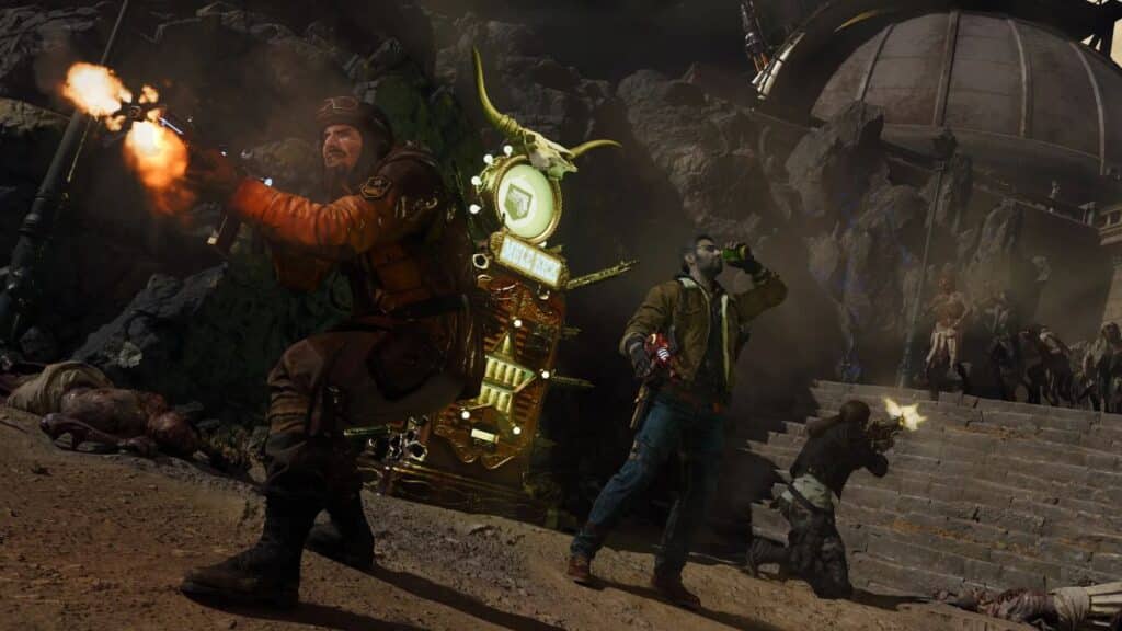 A scene showing two armed individuals in a dark, rocky environment. The one on the left fires a weapon, while the other drinks from a bottle. A glowing machine and several creatures are in the background in Black Ops 7