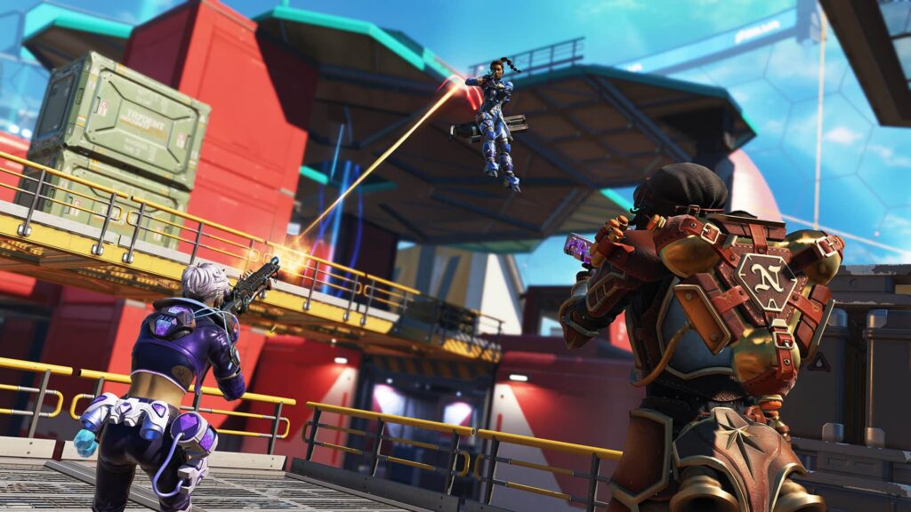 Futuristic battle scene with two characters aiming at a third one leaping above in an industrial setting in BF 6