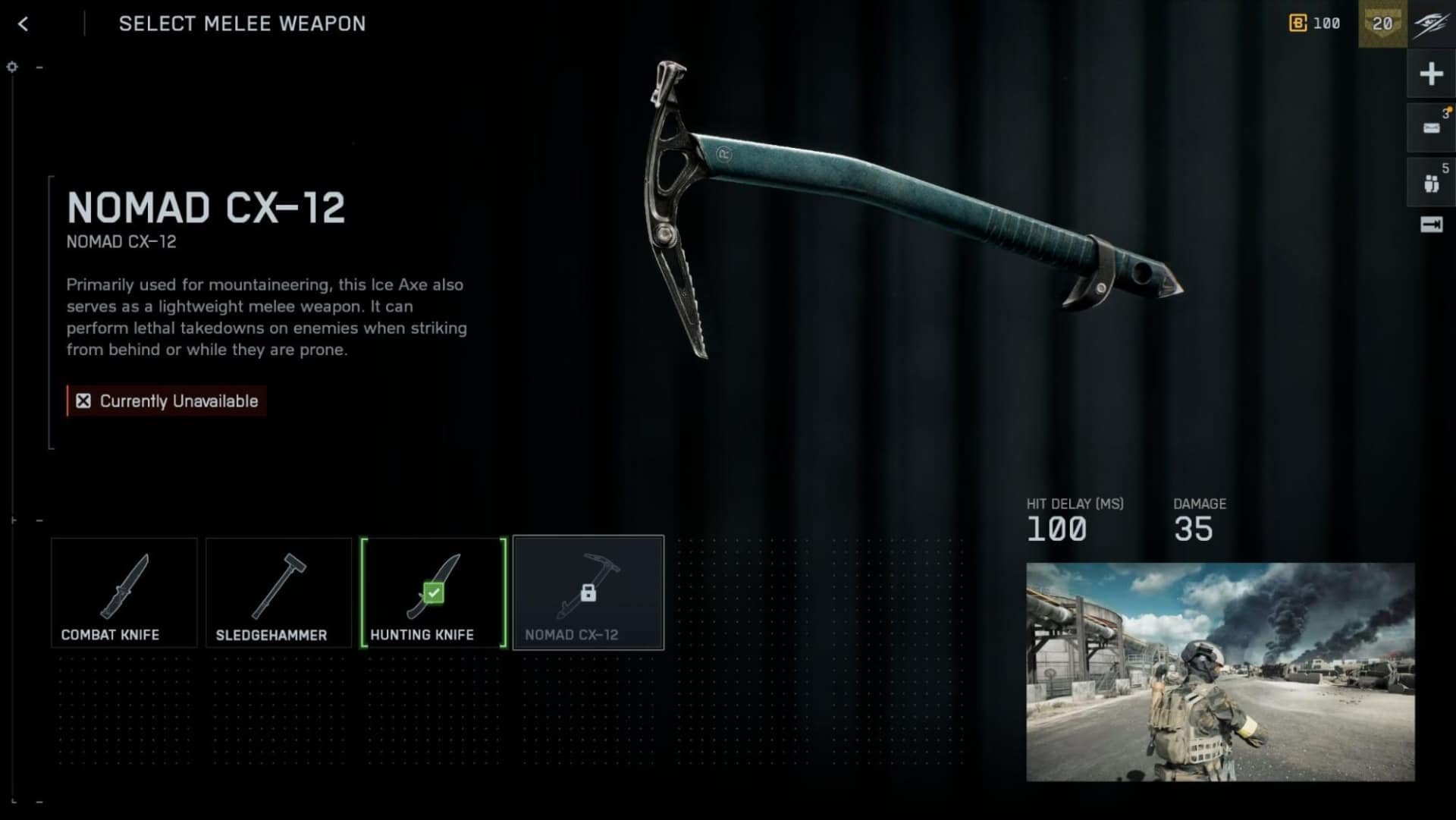 A imagem mostra a tela do menu de seleção do machado de gelo NOMAD CX-12, que é uma arma branca do Battlefield 6