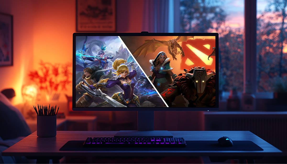 The monitor displays frames from two different games. Game on the left: Mobile Legends: Bang Bang (MLBB). Game on the right: Dota 2