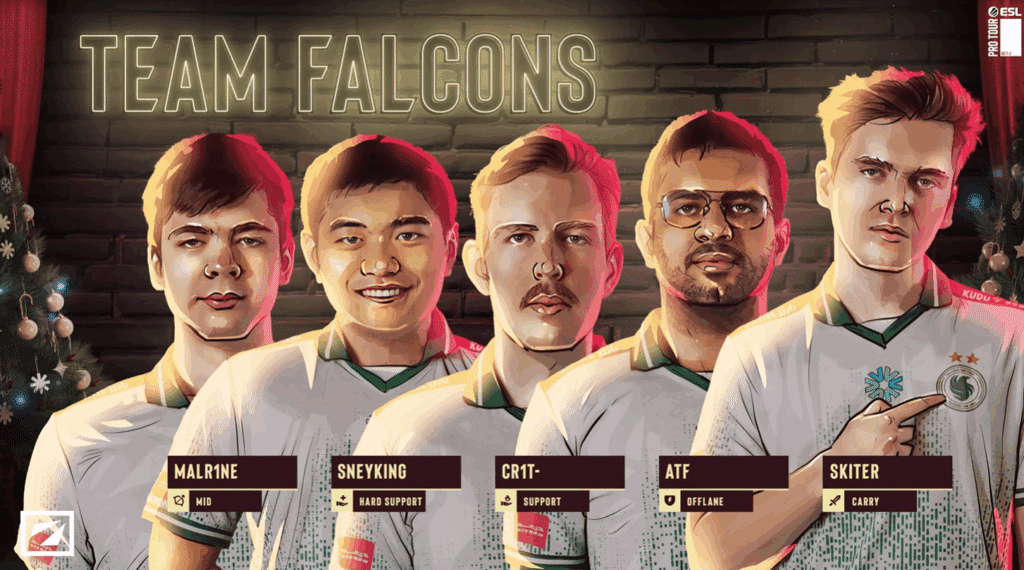 Ritratti del roster del Team Falcons Dota 2 per la stagione 27 della DreamLeague