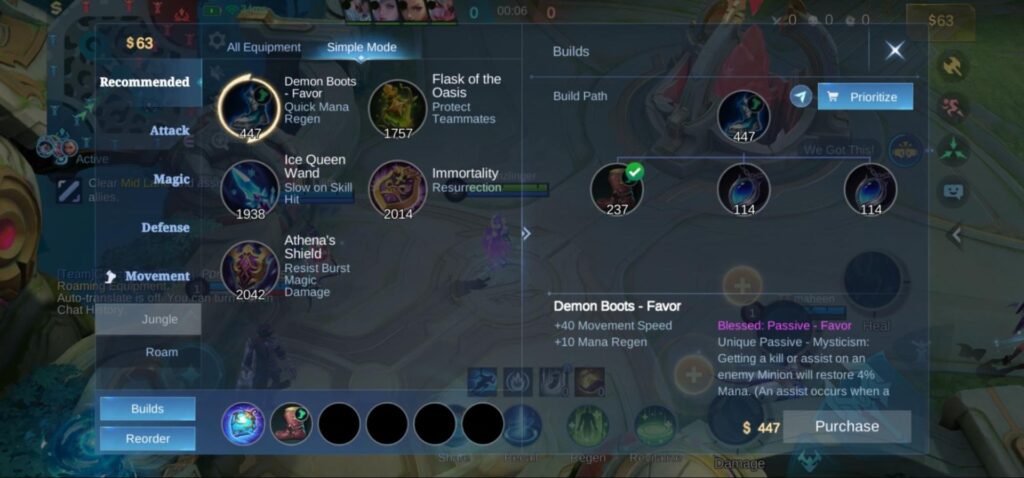 Das Bild zeigt den empfohlenen Satz an Gegenständen zur Unterstützung (Roamer) im Spiel Mobile Legends: Bang Bang (MLBB).