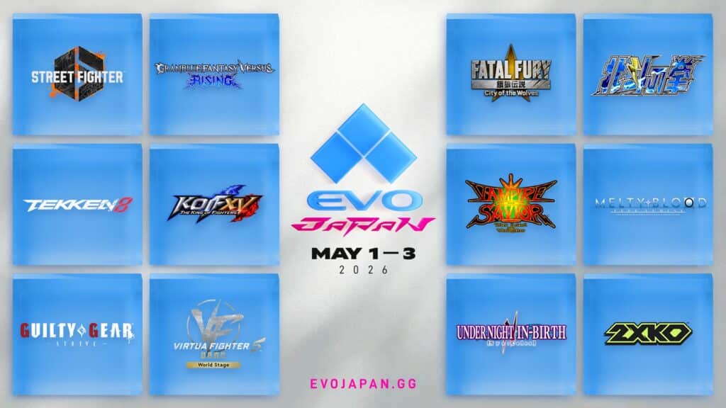 Evo Japan tournament line-up for 2026 graphic featuring FGC logos and titles