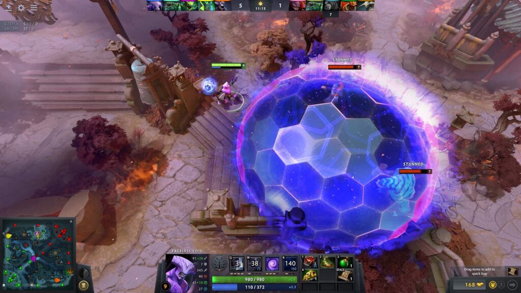 Dota 2 gameplay showing Faceless Void trapping enemies inside a Chronosphere