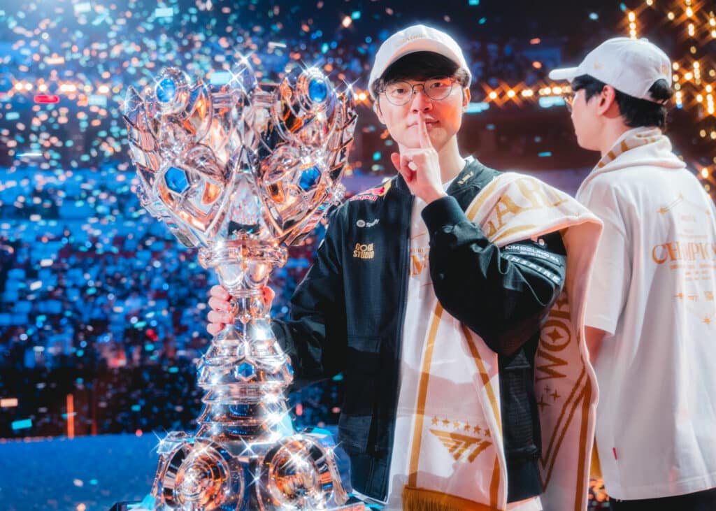 Faker and T1 winning LoL Worlds 2025