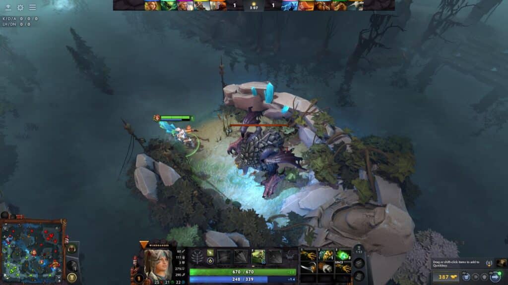 Dota 2 screenshot shows a battle between a human character and a creature near rocky terrain with glowing obelisks