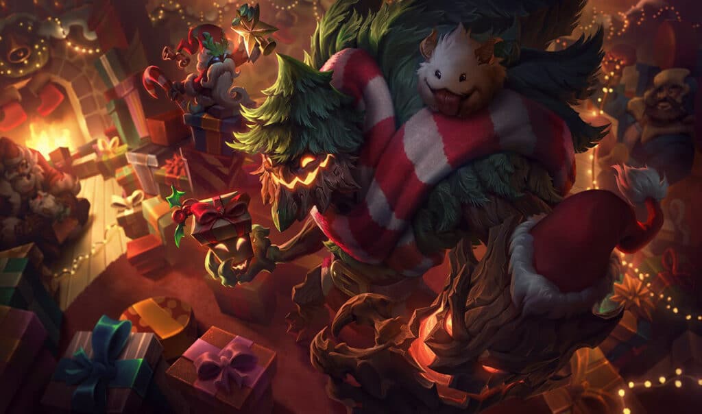 Das Bild zeigt den festlichen Maokai-Skin aus dem Spiel League of Legends