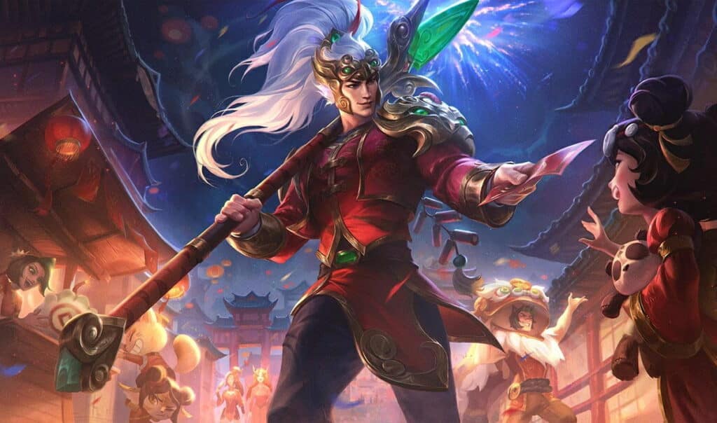 Warrior distributes festive envelopes amid Lunar Revel fireworks in League of Legends’ Firecracker theme