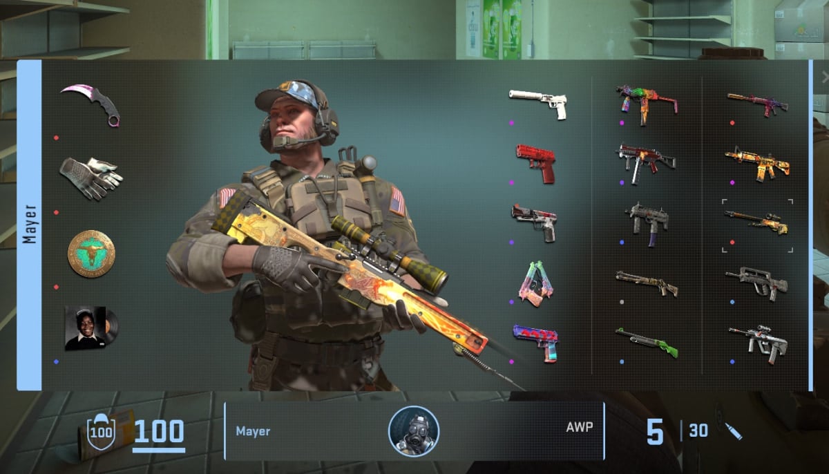 An image of a character model in the video game Counter-Strike 2 holding an AWP | Dragon Lore sniper rifle skin