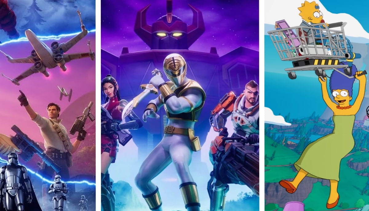 The image shows screenshots from the multiplayer online game Fortnite, demonstrating various major crossovers with popular franchises