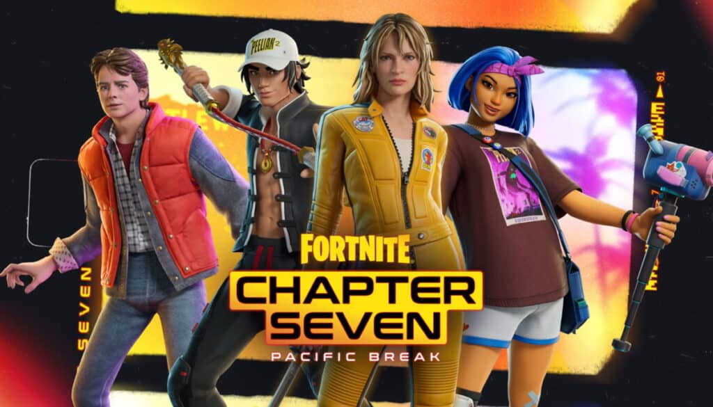 Promotional image showcasing featured character skins for Fortnite Chapter Seven