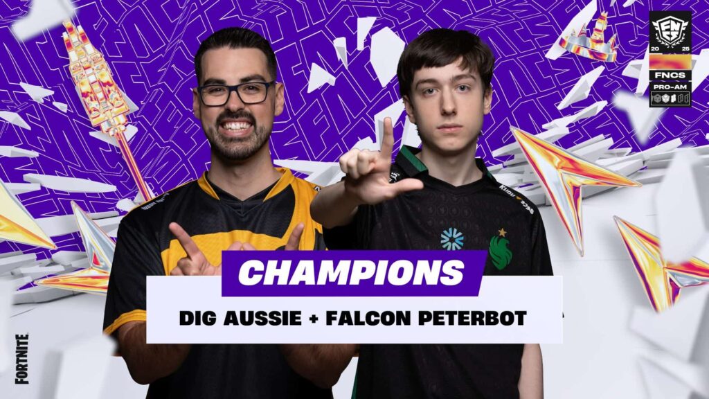 L'immagine mostra Peterbot (a destra) e AussieAntics (a sinistra), vincitori del torneo FNCS Pro-Am 2025 a Fortnite.