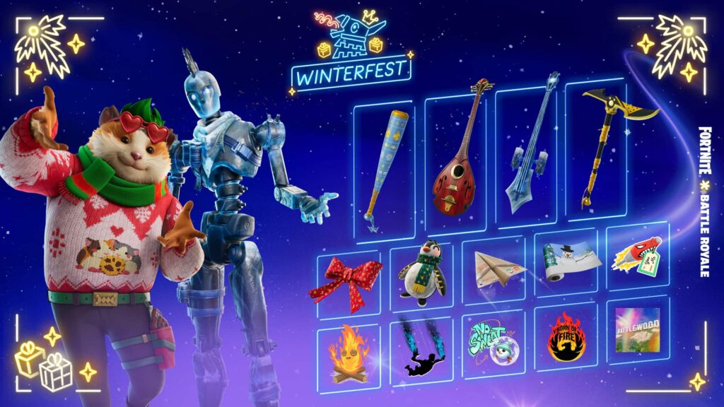 Werbebild für das Fortnite Winterfest 2025 mit dem "Wangen" (Hamster) und "Gletscherattrappe" (Roboter-)Skins in Weihnachtspullovern, umgeben von anderen kostenlosen kosmetischen Gegenständen im Spiel wie Waffen, Rückenschmuck und Segelflugzeugen