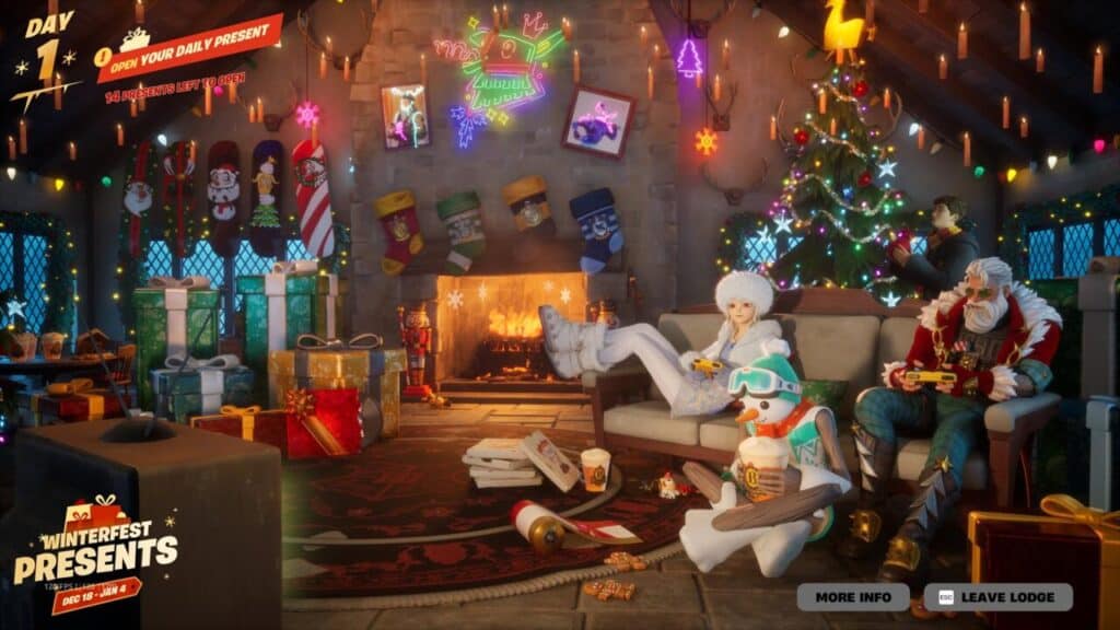 Ein Screenshot aus dem Videospiel Fortnite, der eine Hütte im Feiertagsstil mit Charakteren, Weihnachtsdekorationen, einem Kamin und zahlreichen Geschenkboxen für das Event „Winterfest Presents“ zeigt