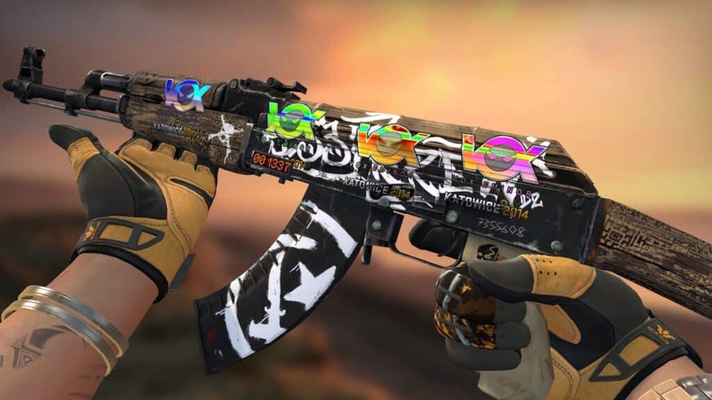 L'oggetto mostrato nell'immagine è l'AK-47 | Skin per arma Ribelle Wasteland di Counter-Strike (CS:GO/CS2), con rari adesivi olografici del torneo EMS One Katowice 2014.