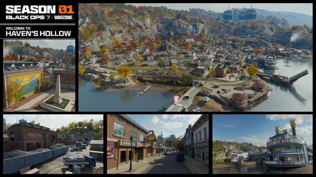 Malerische Ansichten der Haven's Hollow-Karte aus Call of Duty: Warzone mit herbstlichem Gelände und Sehenswürdigkeiten der Stadt