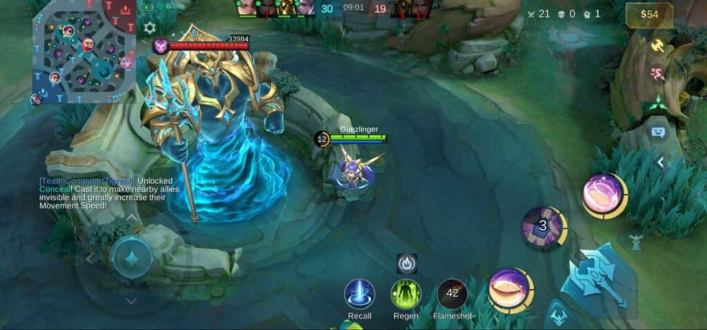 Screenshot des Gameplays von Mobile Legends: Bang Bang, der den Gunslinger-Helden neben Lord zeigt