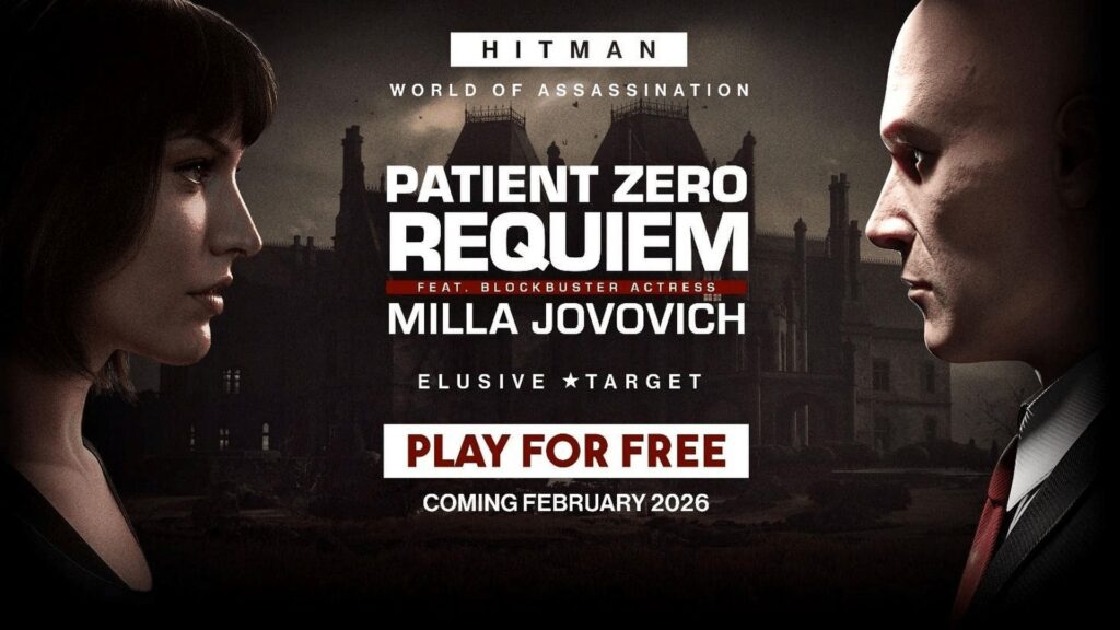 Image shows a moody, dramatic scene with two people facing each other in profile against a dark mansion backdrop. Text: "Hitman: World of Assassination - Patient Zero Requiem featuring Milla Jovovich'
