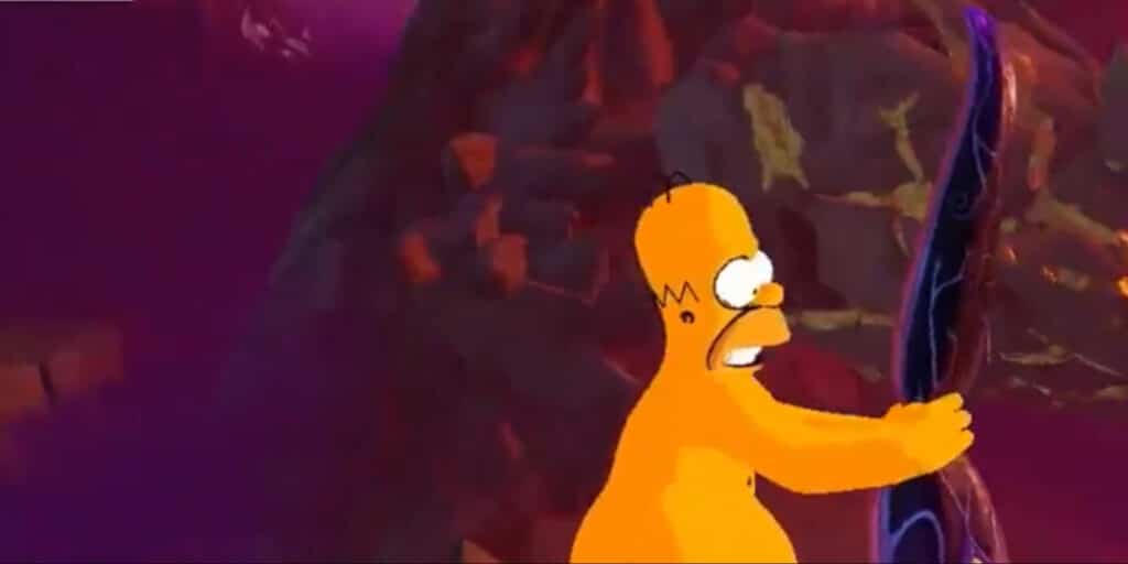 Homer Simpson klammert sich an eine dunkle Ranke, während er in der chaotischen Fortnite Zero Hour-Action gefangen ist