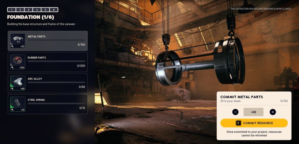 Factory workshop scene with large metal parts suspended by chains. A sidebar lists needed materials: metal, rubber, alloy, springs. Interface shows resource commitment options in Arc Raiders