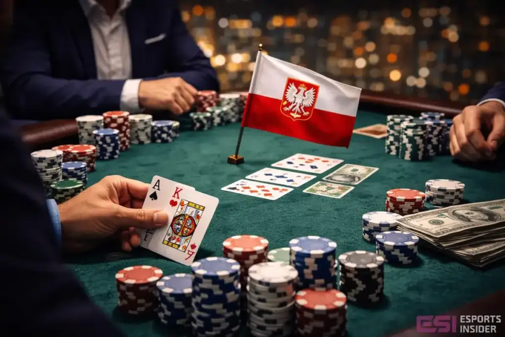 Legalny poker w Polsce: gracze siedzący przy stole z kartami.