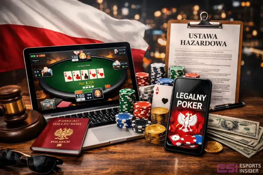 Legalny poker - gra na telefonie i tablecie z polską flagą w tle.