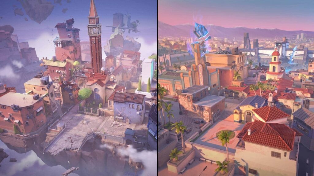 A imagem mostra dois mapas do jogo Valorant: Ascent à esquerda e Sunset à direita