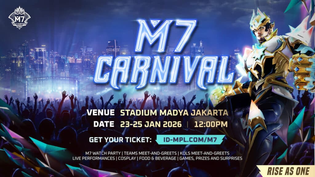 M7 Carnival in Jakarta promotional graphic featuring MLBB in-game character and festival background