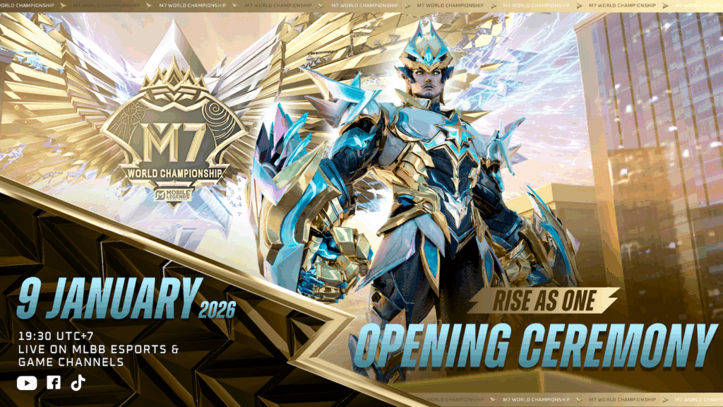 Imagen promocional de la ceremonia de apertura del Campeonato Mundial Mobile Legends Bang Bang M7 con el héroe del juego