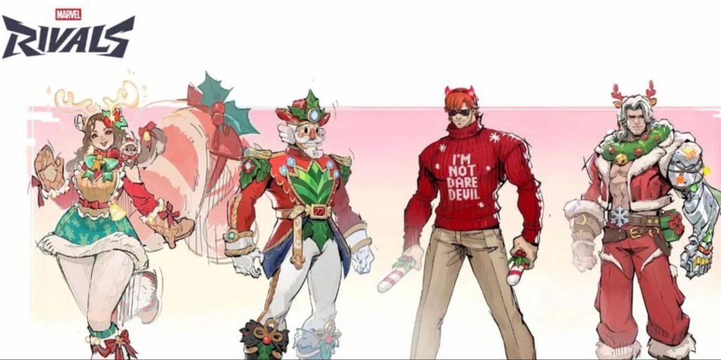 Four Marvel Rivals characters in vibrant Christmas-themed outfits