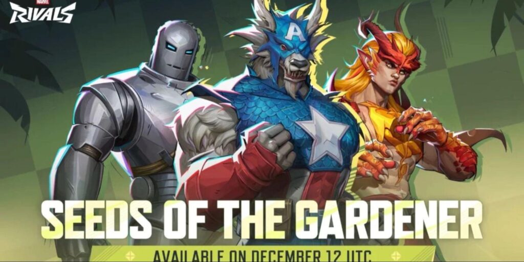 The image is a promotional graphic for the video game Marvel Rivals, advertising the "Seeds of the Gardener" event pass